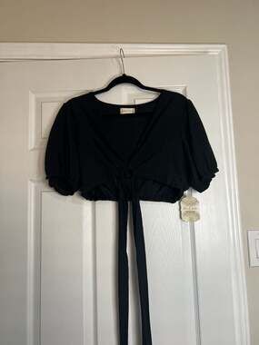 Altar'd State Black Tie-Front Puff Sleeve O-Ring Cropped Blouse